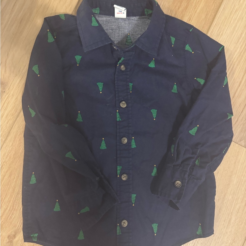 Old Navy Kids Navy Blue Shirt with Christmas Tree Pattern